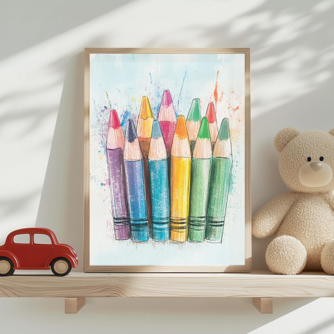 Colorful Crayons With Watercolor Splash Whimsical Kids Room Poster