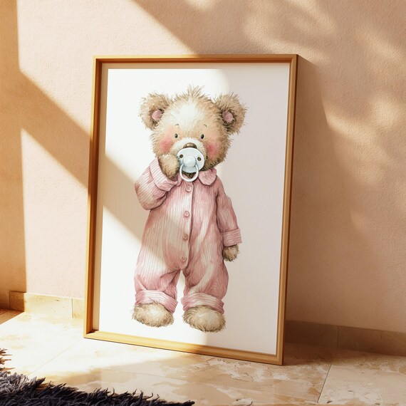 Sweet Baby Teddy Bear in Pink Pajamas Nursery Fine Art Poster