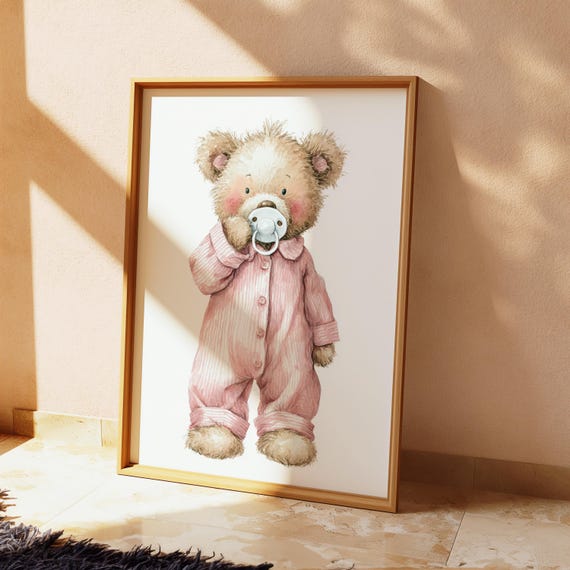 Watercolor Baby Teddy Bear In Pink Pajamas Holding Pacifier Nursery Wall Art Print 130