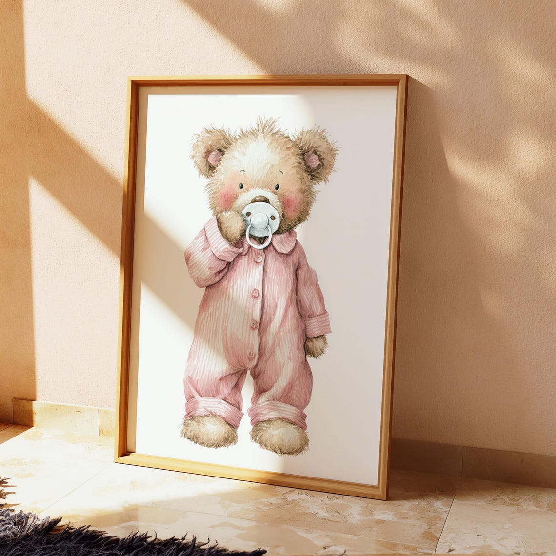 Sweet Baby Teddy Bear in Pink Pajamas Nursery Fine Art Poster