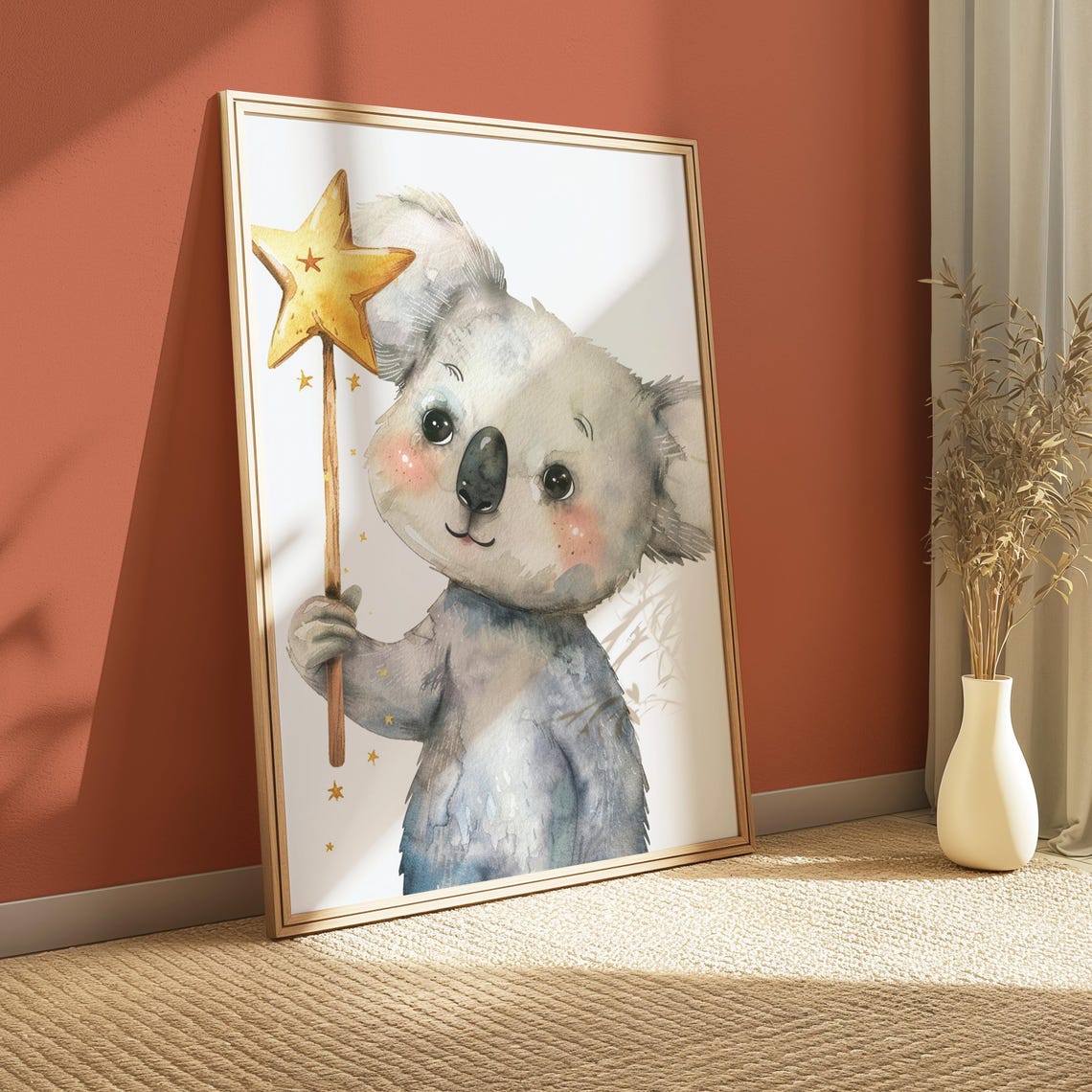 Cute Baby Koala With Star Wand Watercolor Nursery Animal Art Poster