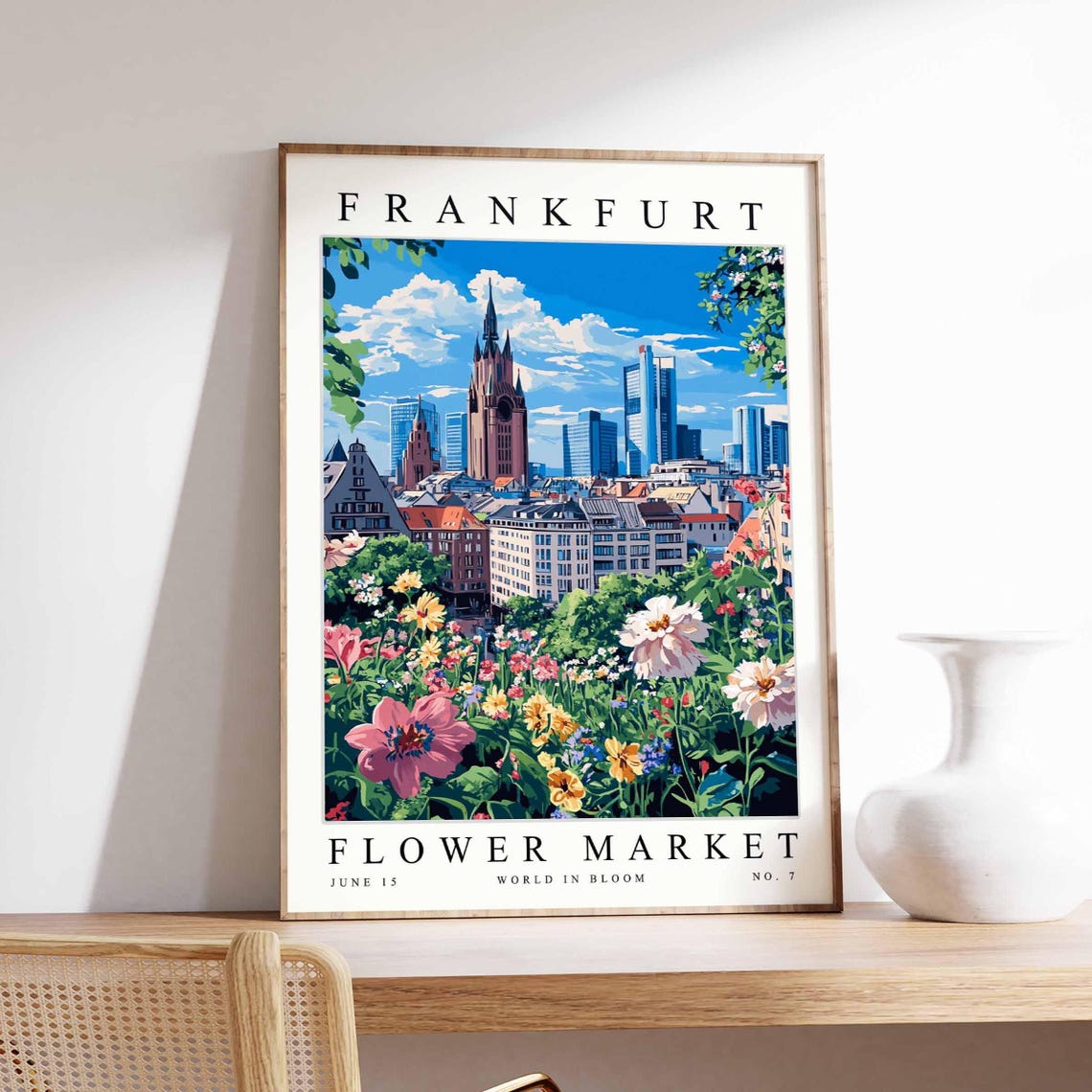 Frankfurt Flower Market Cathedral Skyline Wildflower Foreground Poster