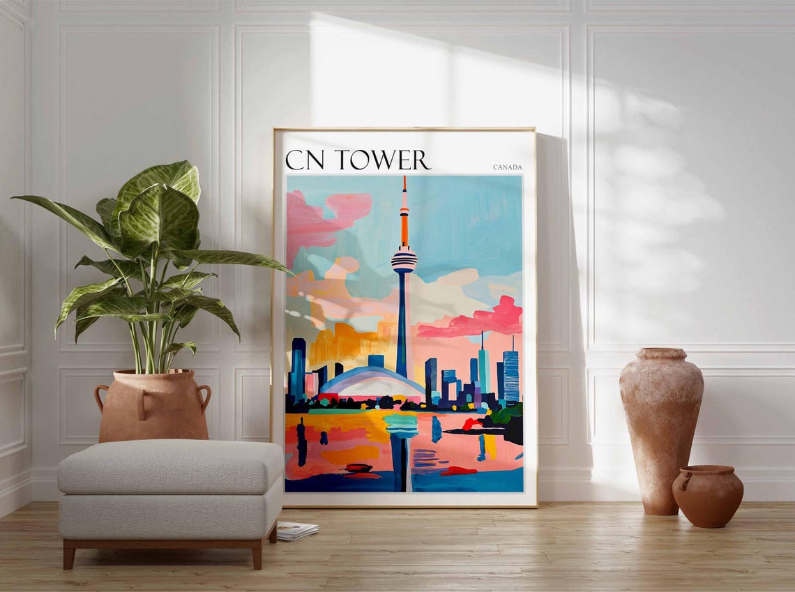 CN Tower Canada Toronto Sunset Waterfront Reflection Painting Poster - Image 2