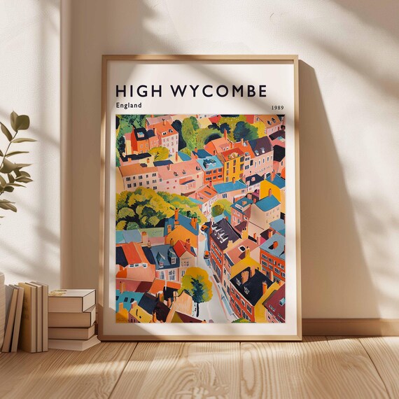 High Wycombe England 1989 Rooftop View Vintage Town Travel Poster