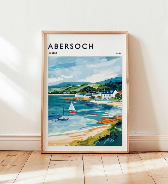 Abersoch Wales 1989 Colorful Harbor Sailboats Coastal Travel Poster