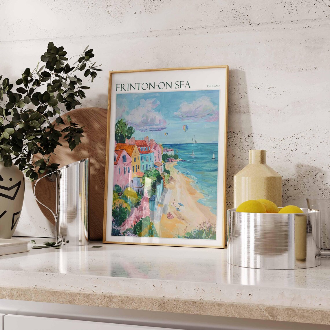 Frinton On Sea Hot Air Balloons Sailboats Pink Cottages Summer Travel Poster - Image 2