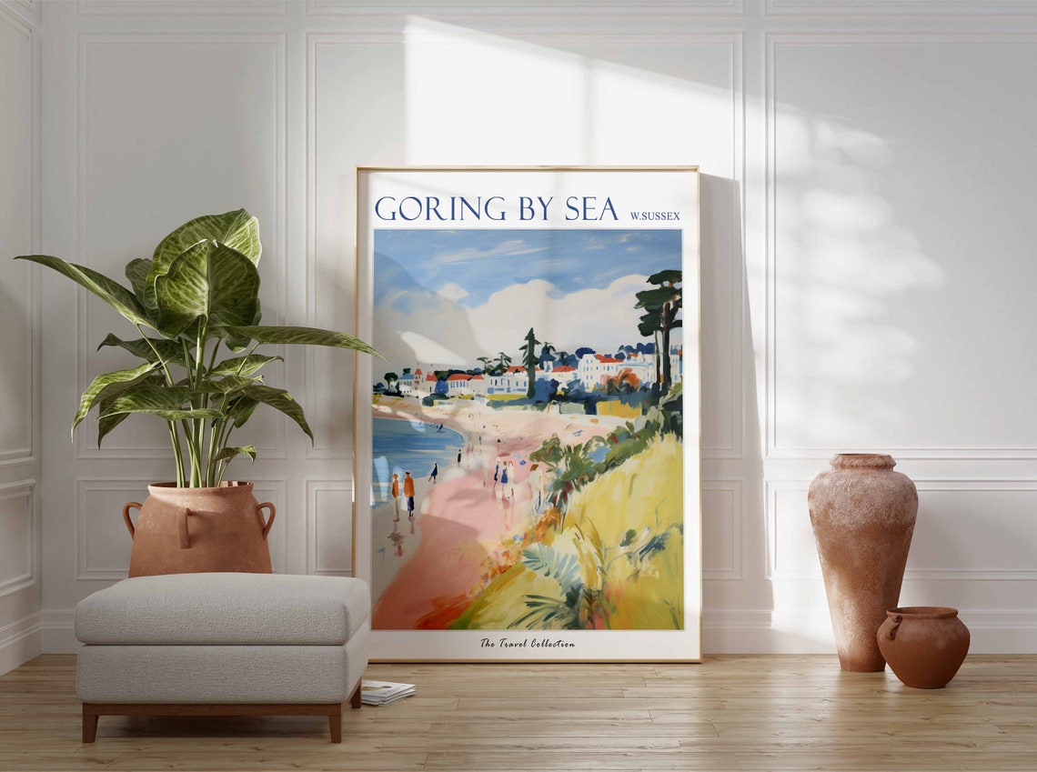 Goring By Sea West Sussex Pink Beach Pine Trees Seaside Poster - Image 3