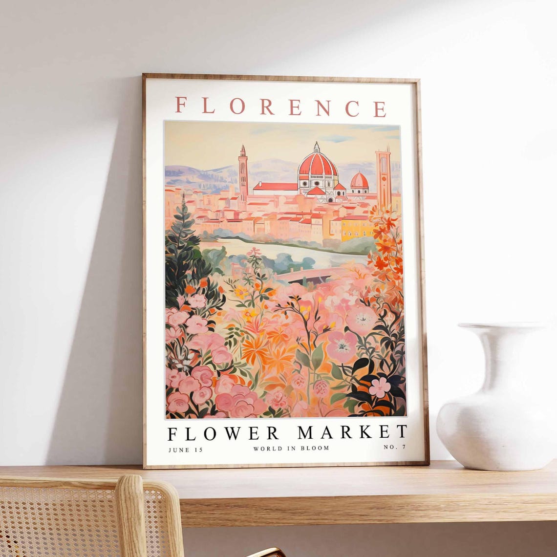 Florence Flower Market Soft Pink River View Floral Travel Poster