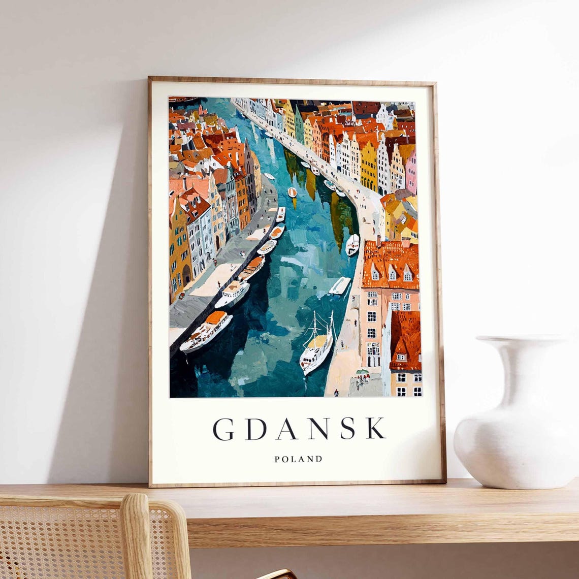 Gdansk Poland Colorful Old Town River Boats Harbor Travel Poster