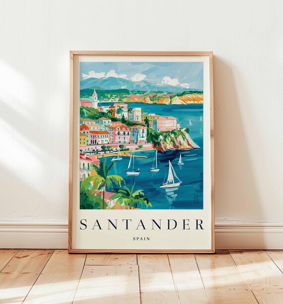 Santander Spain Coastal Harbor Travel Poster With Sailboat Bay Scene
