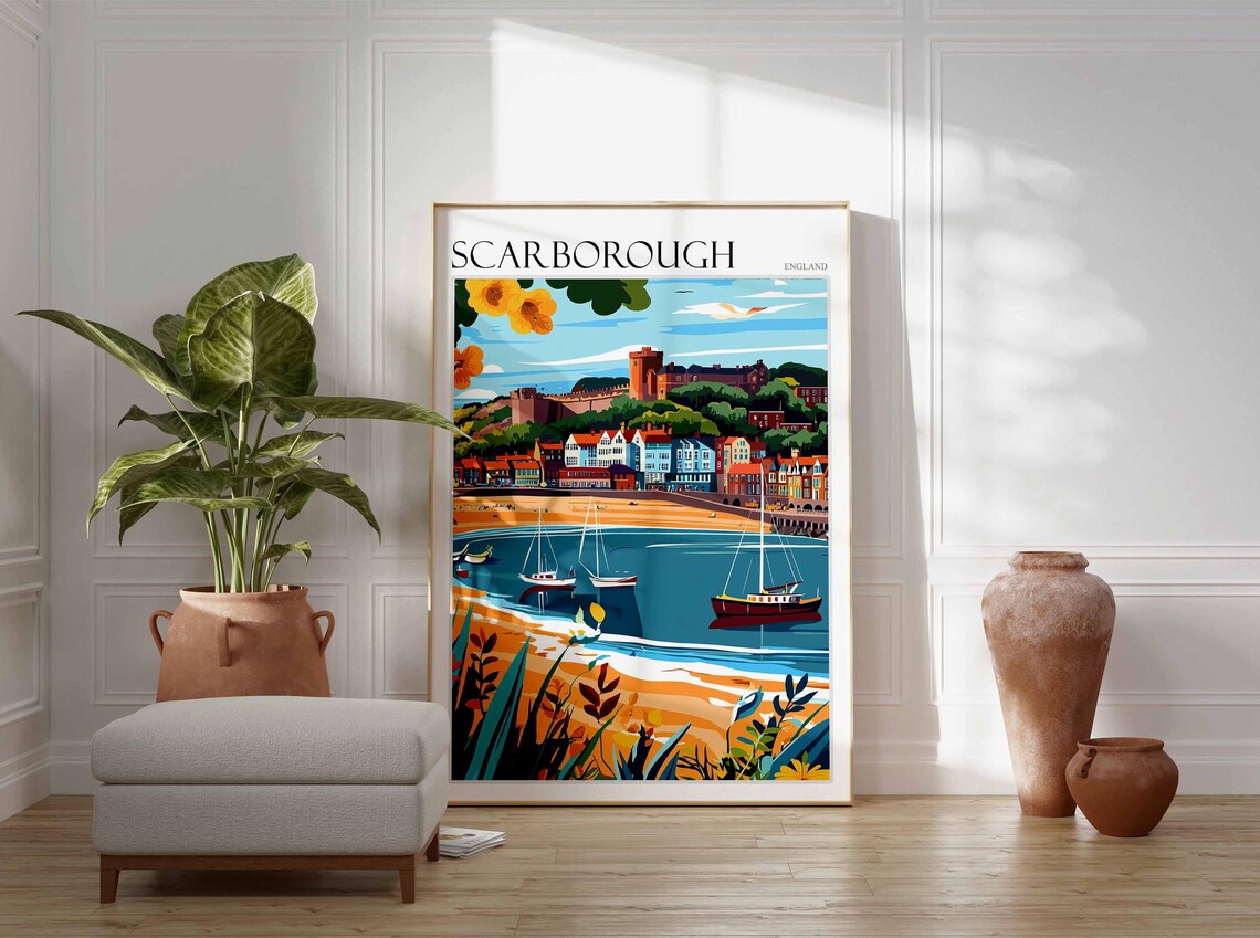 Scarborough Castle Above Bay Sailboats Foliage Poster England - Image 2