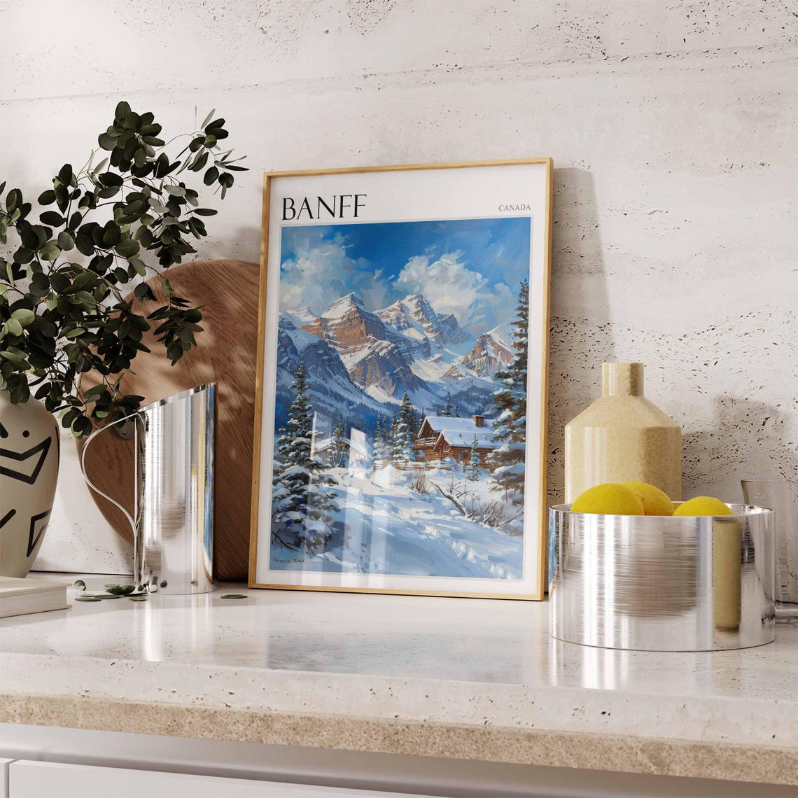 Banff Canada Snowy Mountain Cabin Pines Winter Wonderland Poster - Image 2
