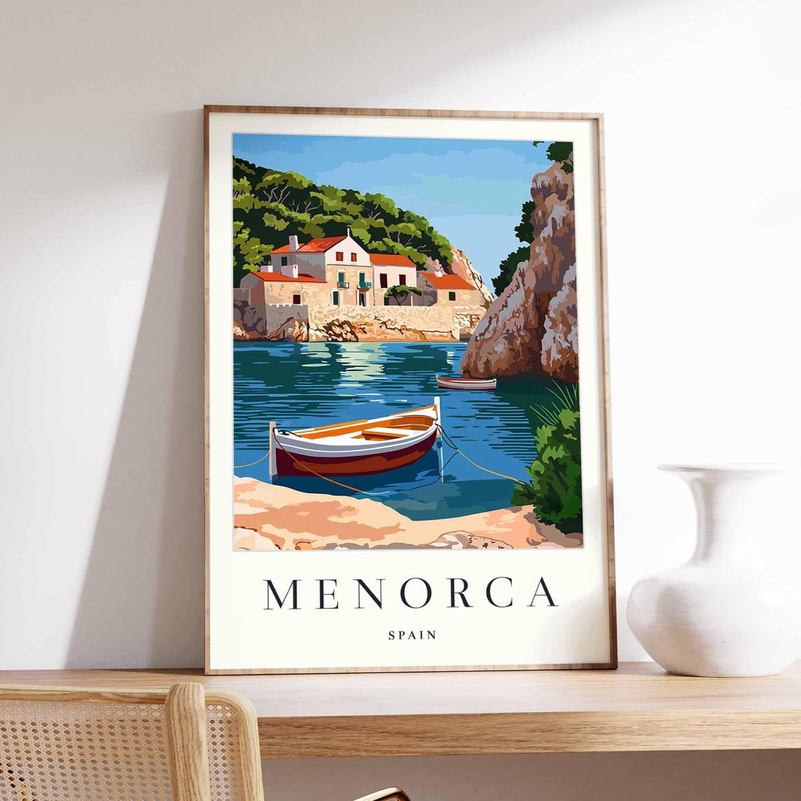 Menorca Spain Wooden Boat Cove Cliffs Houses Vivid Art Poster