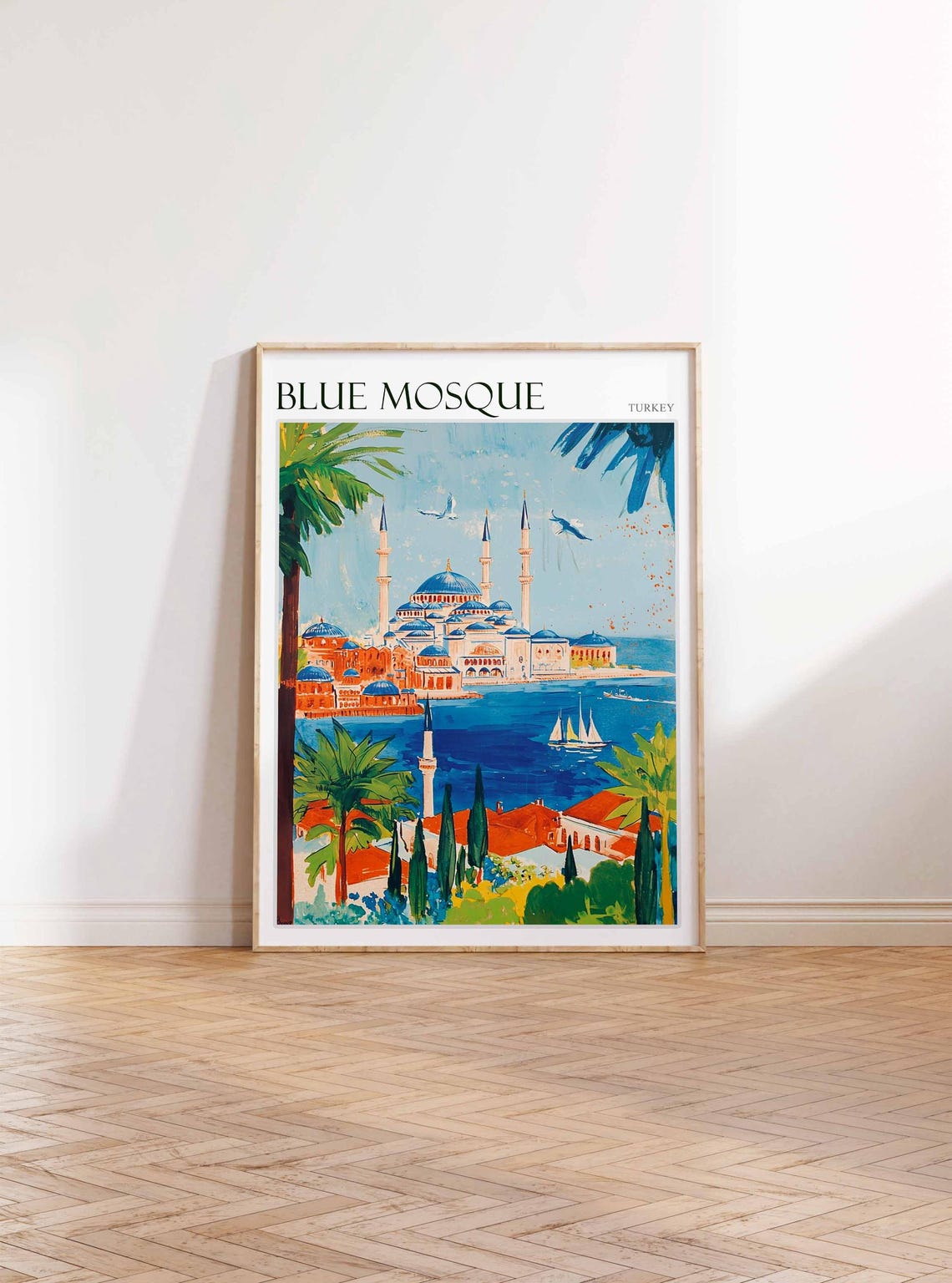 Blue Mosque Bosphorus Sailboats Retro Palm Travel Art Poster - Image 3