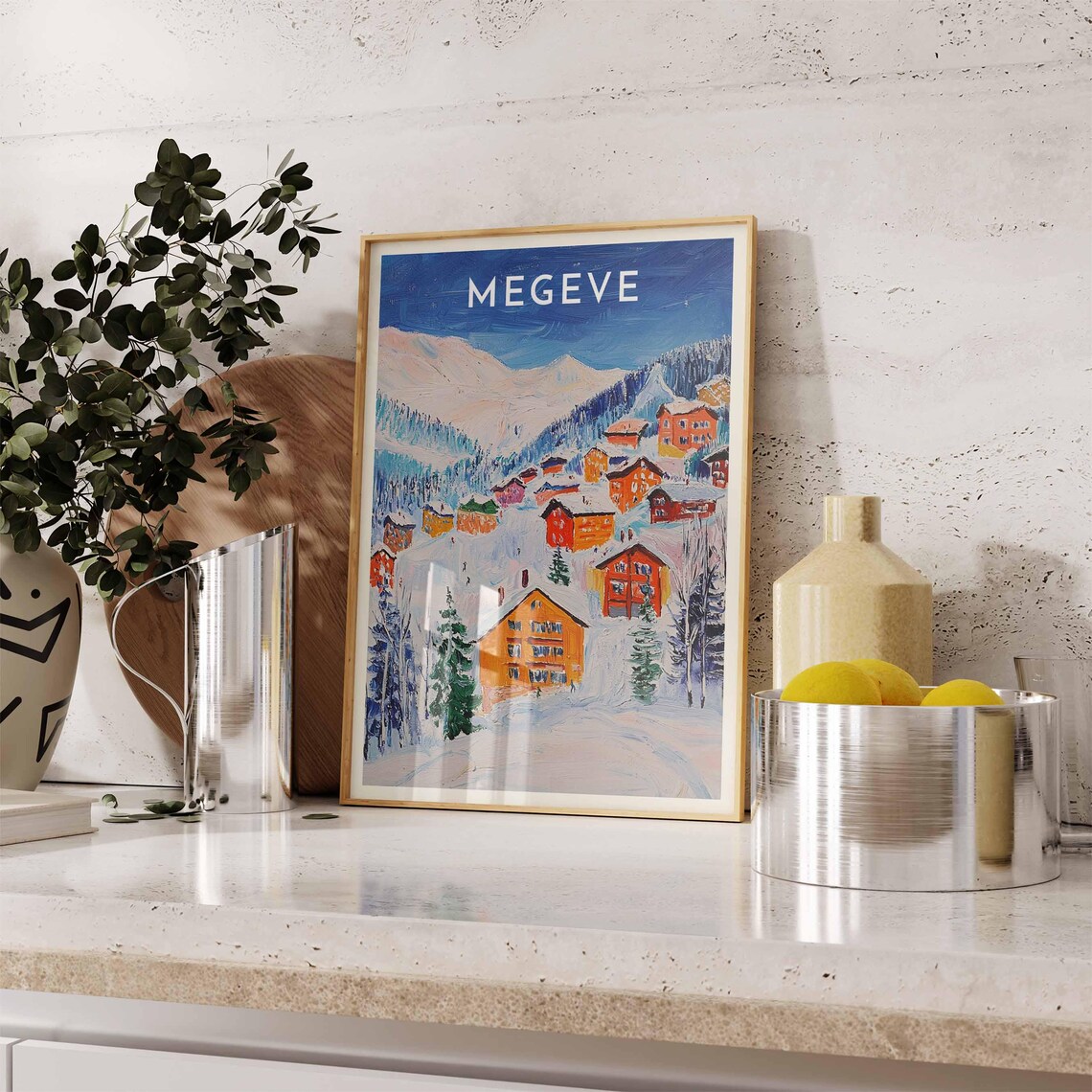 Megeve Colorful Hillside Chalets Snowy Alps Travel Art Poster - Image 2
