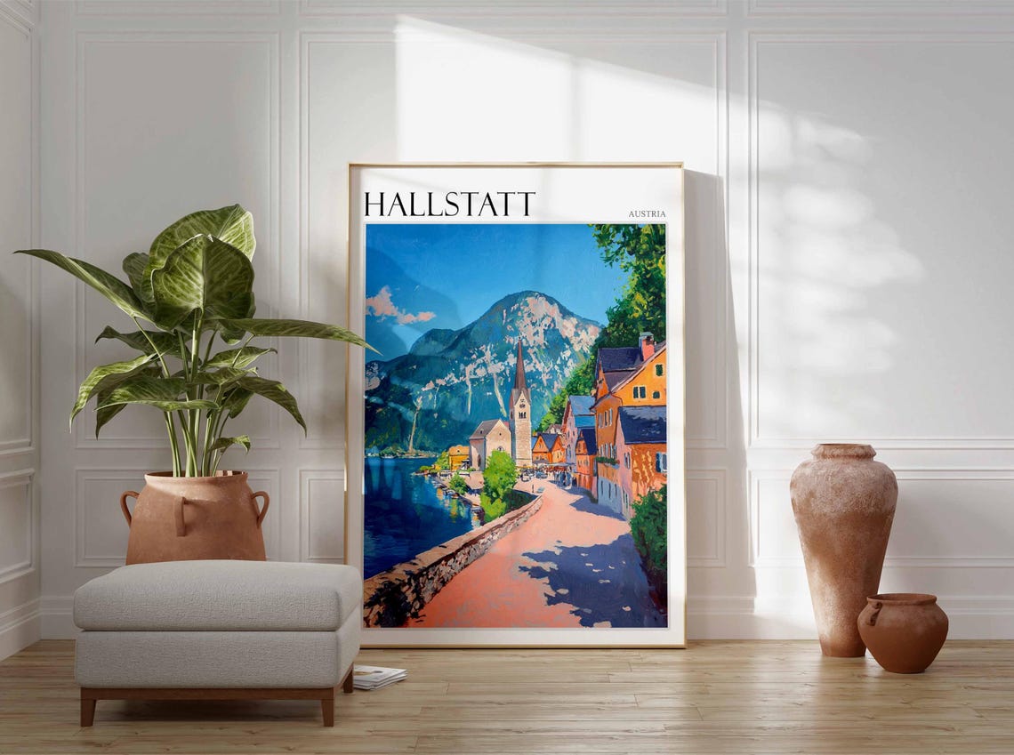 Hallstatt Austria Lakeside Promenade Summer Day Painting Poster - Image 2