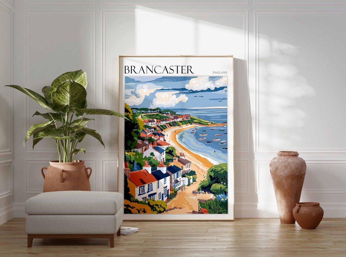 Brancaster England Bay View With Anchored Boats and Hillside Cottages Poster - Image 3