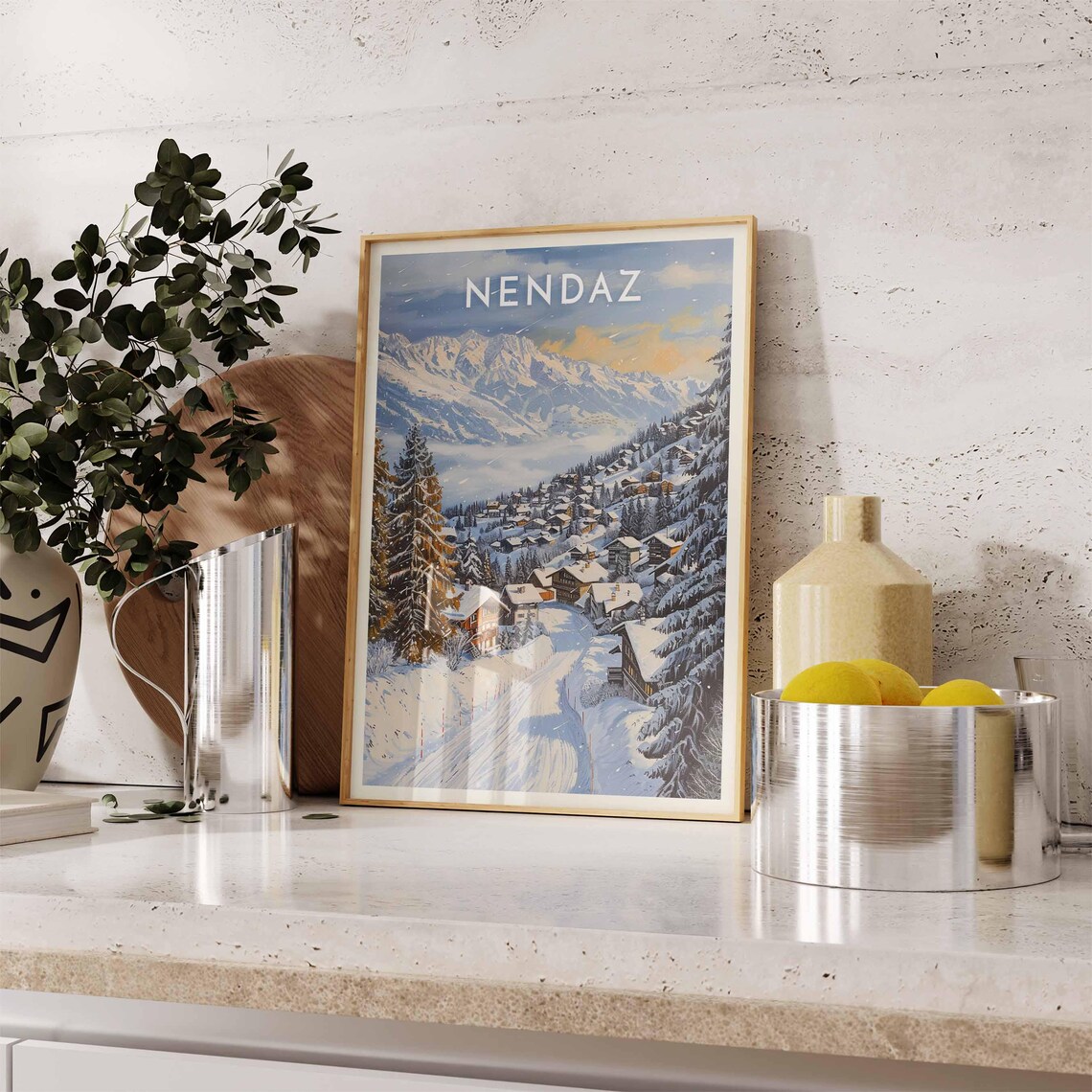 Nendaz Switzerland Golden Hour Peaks Above Village Groomed Piste Poster - Image 2
