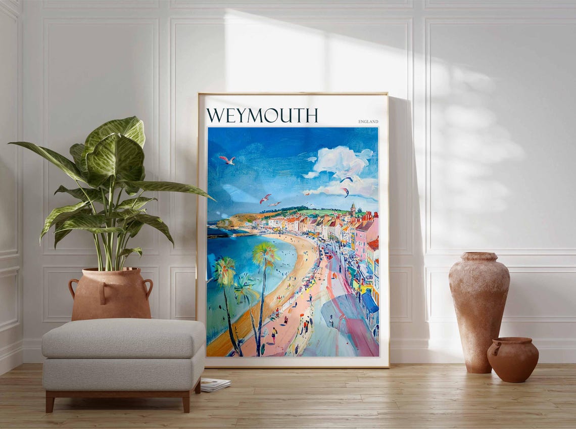 Weymouth England Sunny Beach Promenade Kites Palm Trees Poster - Image 2