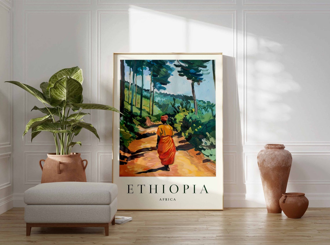 Ethiopia Africa Colorful Woman Walking Forest Path Painting Poster - Image 2