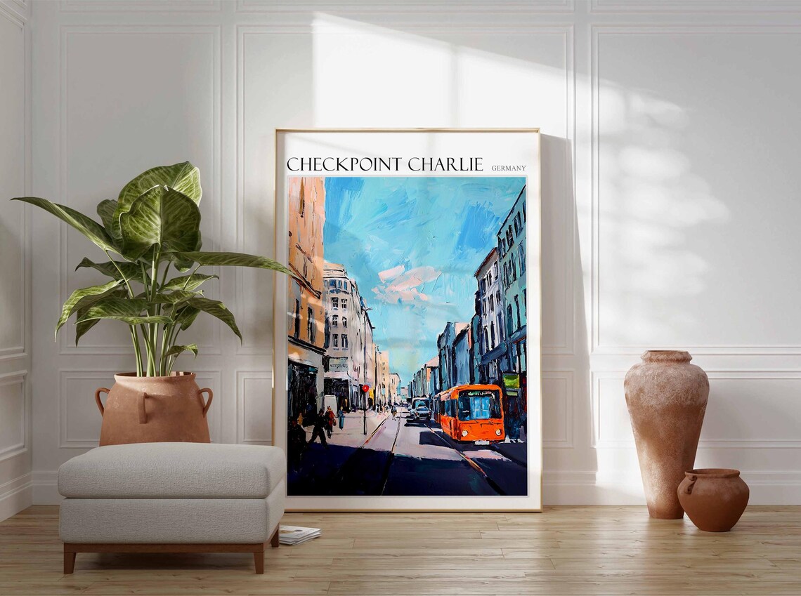 Checkpoint Charlie Berlin Orange Bus City Street Oil Painting Poster - Image 2
