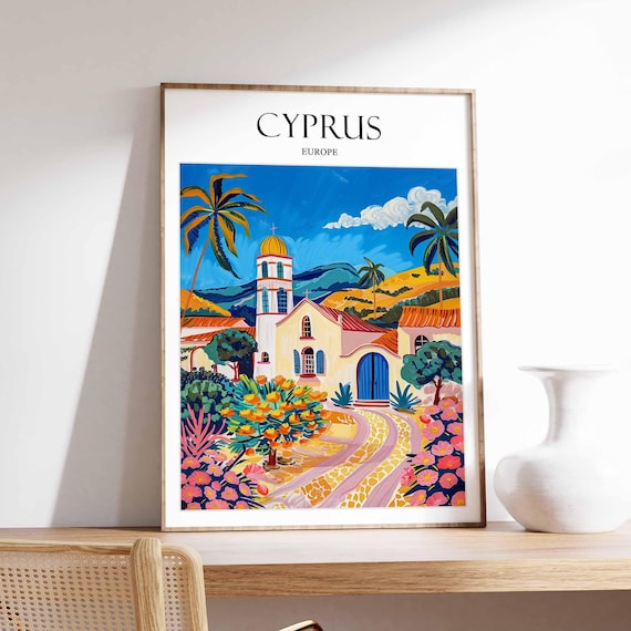 Cyprus Sunlit Church Blooming Hills Flower Travel Artwork Poster