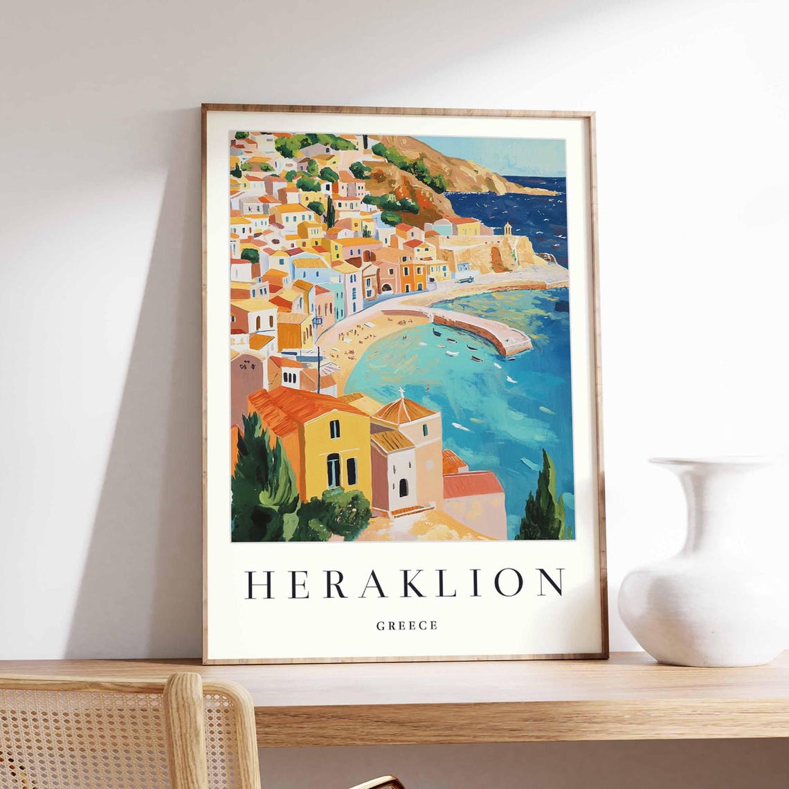 Heraklion Greece Travel Hillside Beach Town Turquoise Bay Poster