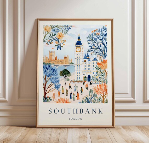 Southbank London Travel Poster Thames River Uk City Art