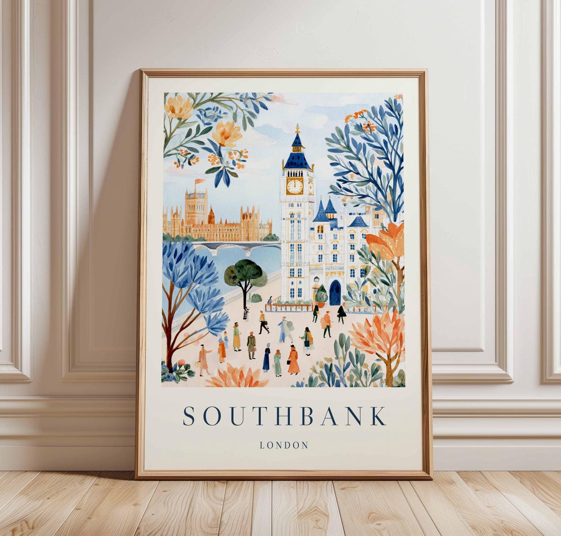 Southbank London Travel Poster Thames River Uk City Art