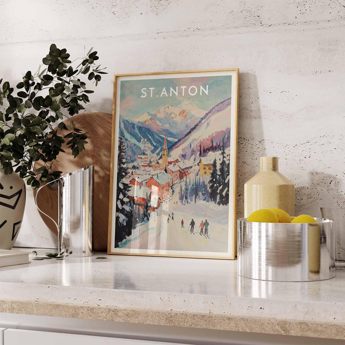 St. Anton Austria Watercolor Church Spire and Skiers Resort Poster - Image 2