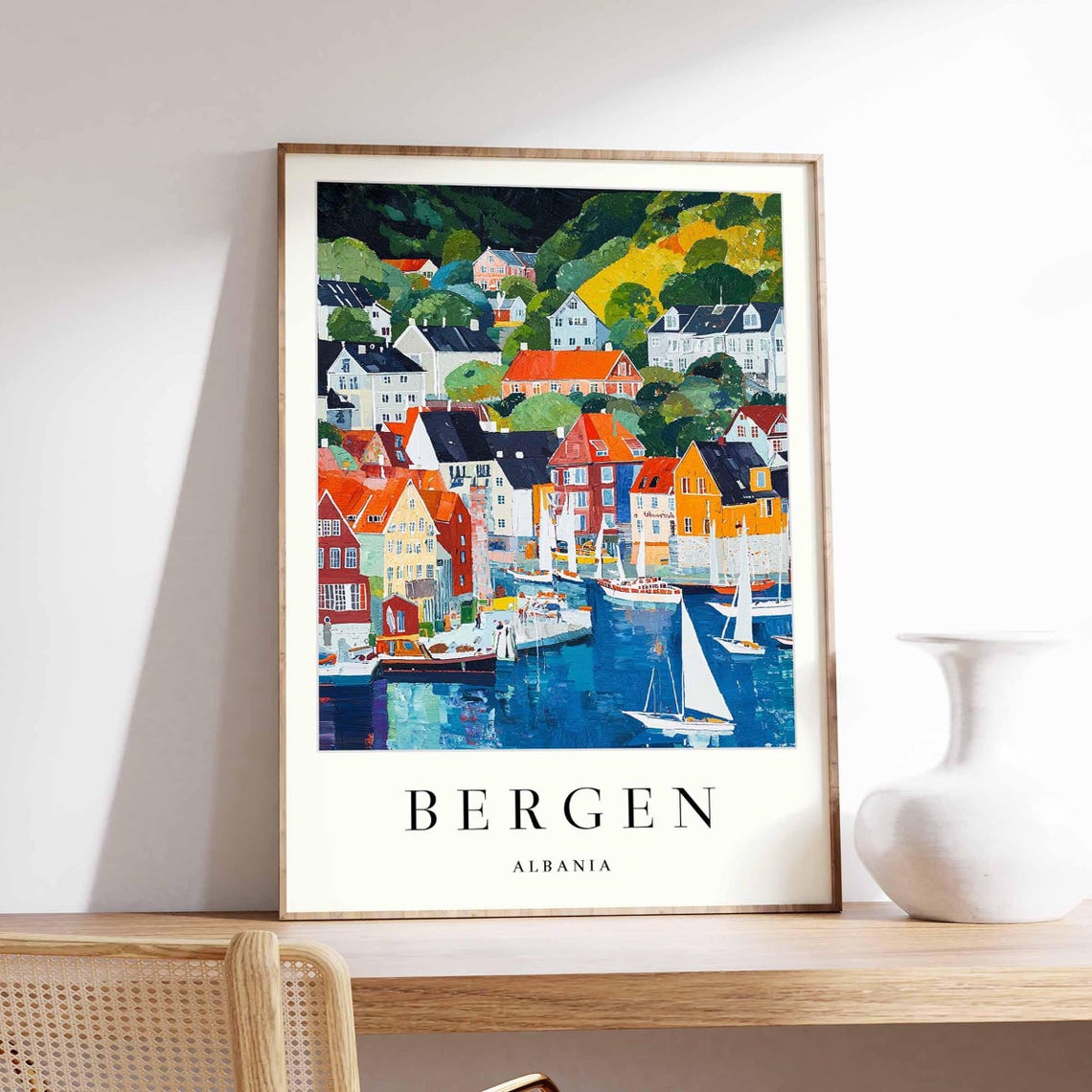 Bright Bergen Albania Colorful Old Harbor Town Retro Travel Poster
