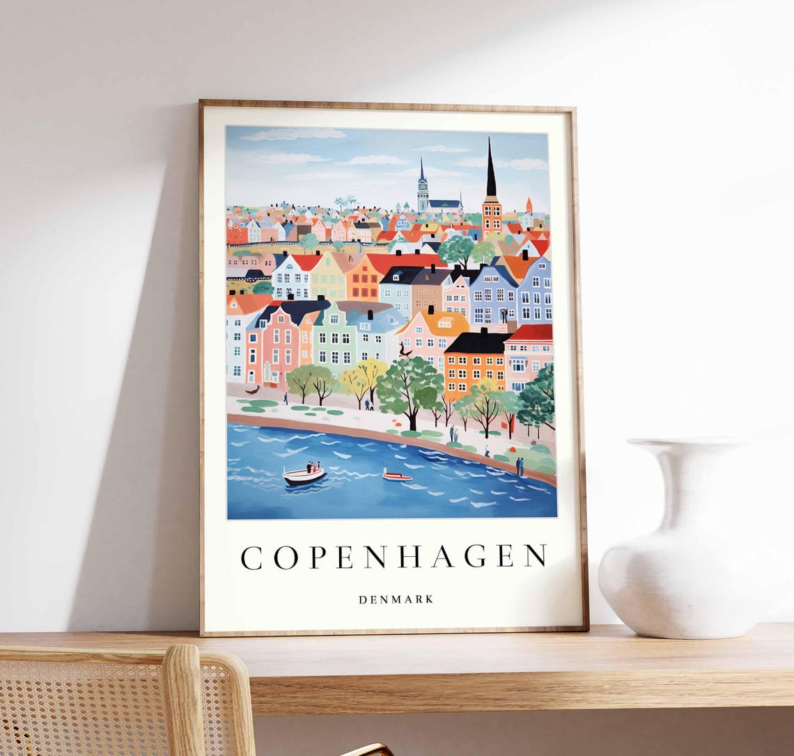 Copenhagen Lakes Cityscape Panorama Colorful Denmark Travel Poster