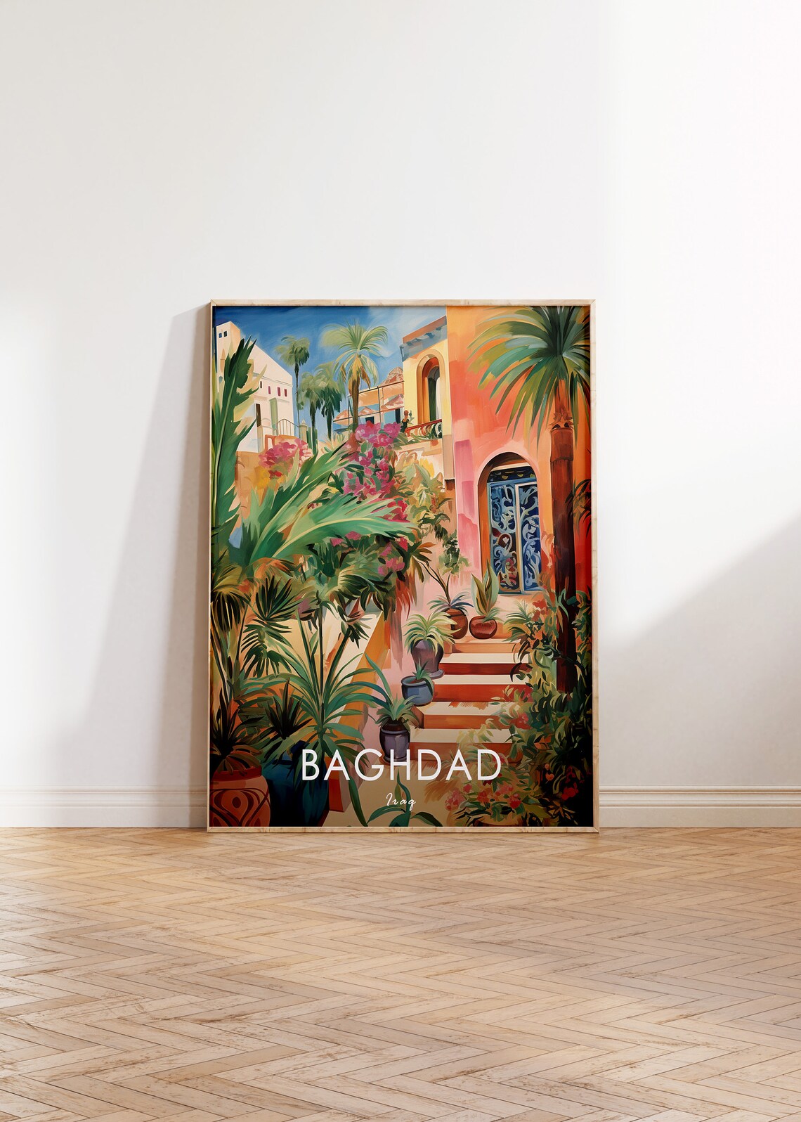 Baghdad Iraq Colorful Courtyard Palm Plants Mosaic Door Travel Poster - Image 2