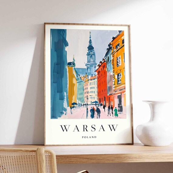 Warsaw Poland Old Town Street Church Tower Colorful Travel Poster