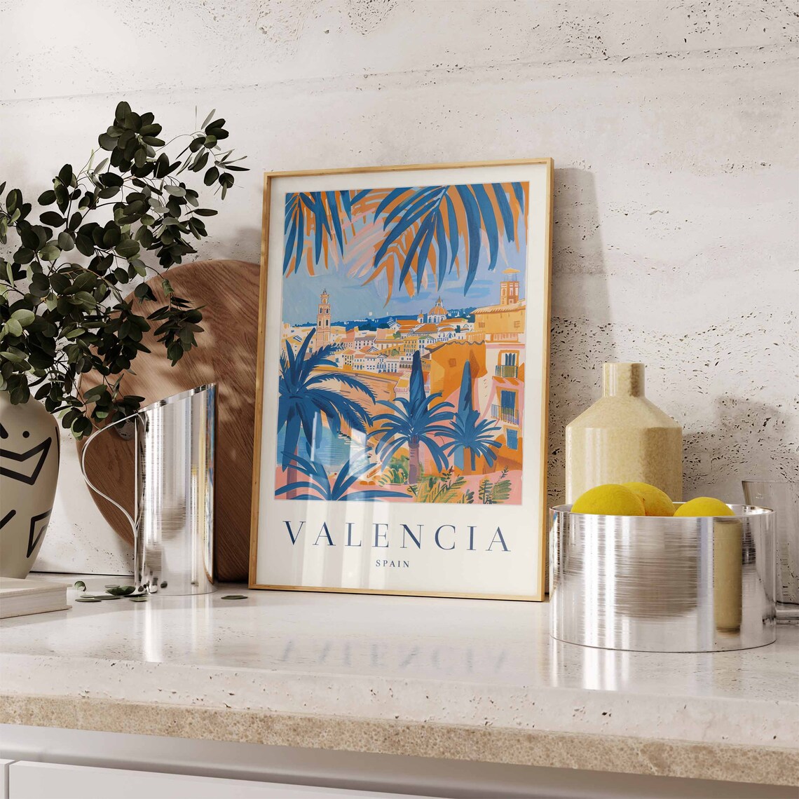 Valencia Spain Tropical Palm City Skyline Colorful Travel Poster - Image 2