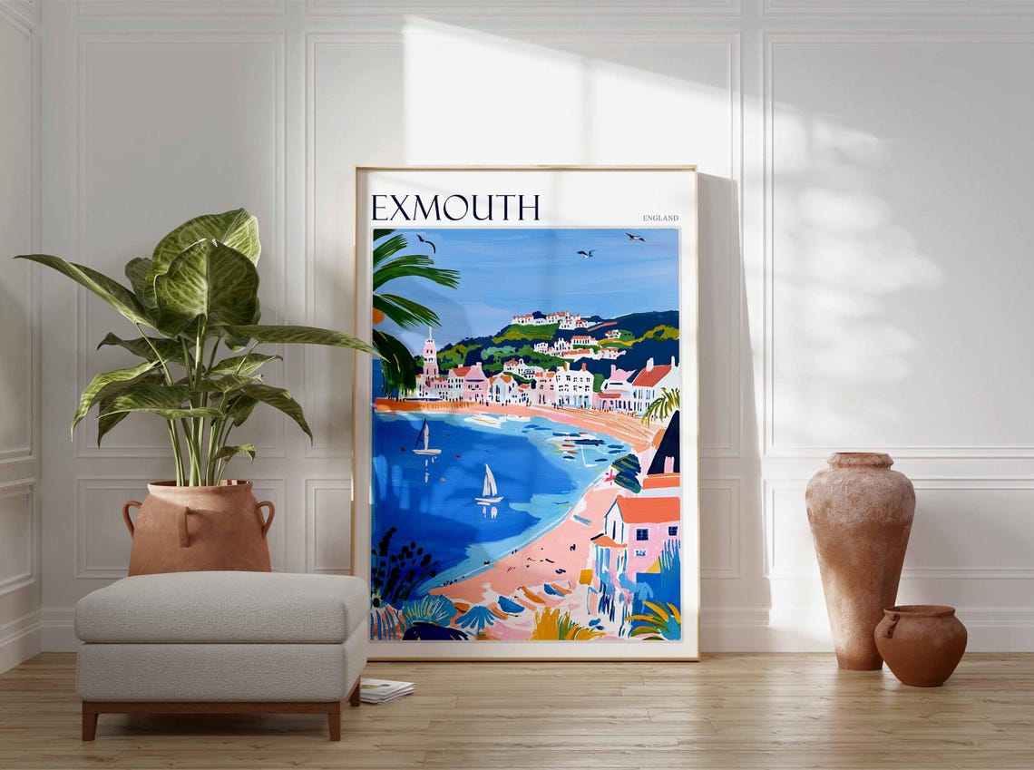 Exmouth England Pink Beach Palms Sailboats Tropical Art Poster - Image 3