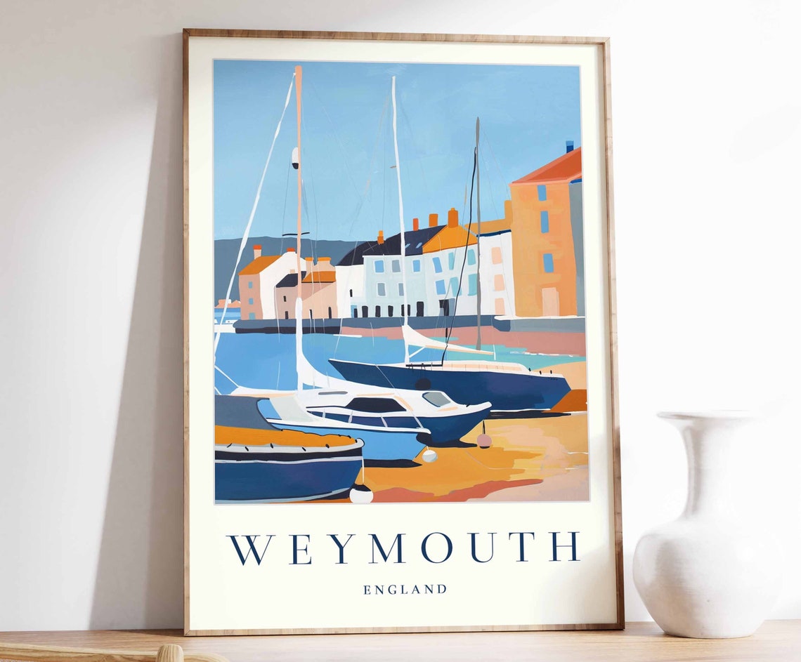 Weymouth England Travel Poster Sailboat Harbor Pastel Waterfront Art
