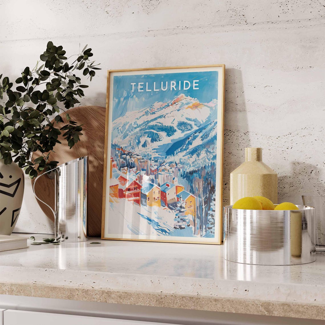 Telluride Vivid Blue Mountains Above Red Orange Chalets Poster - Image 2