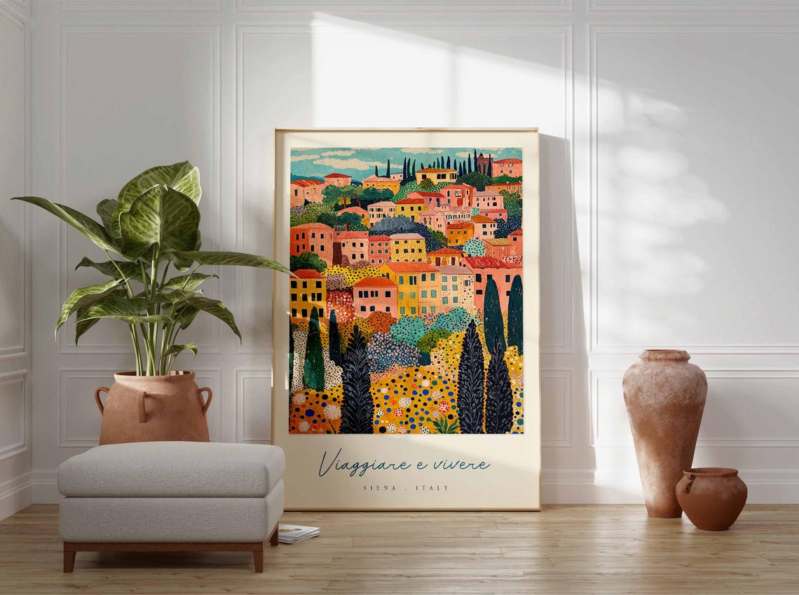 Siena Italy Pointillist Town Dotted Trees Mosaic Style Travel Poster - Image 3