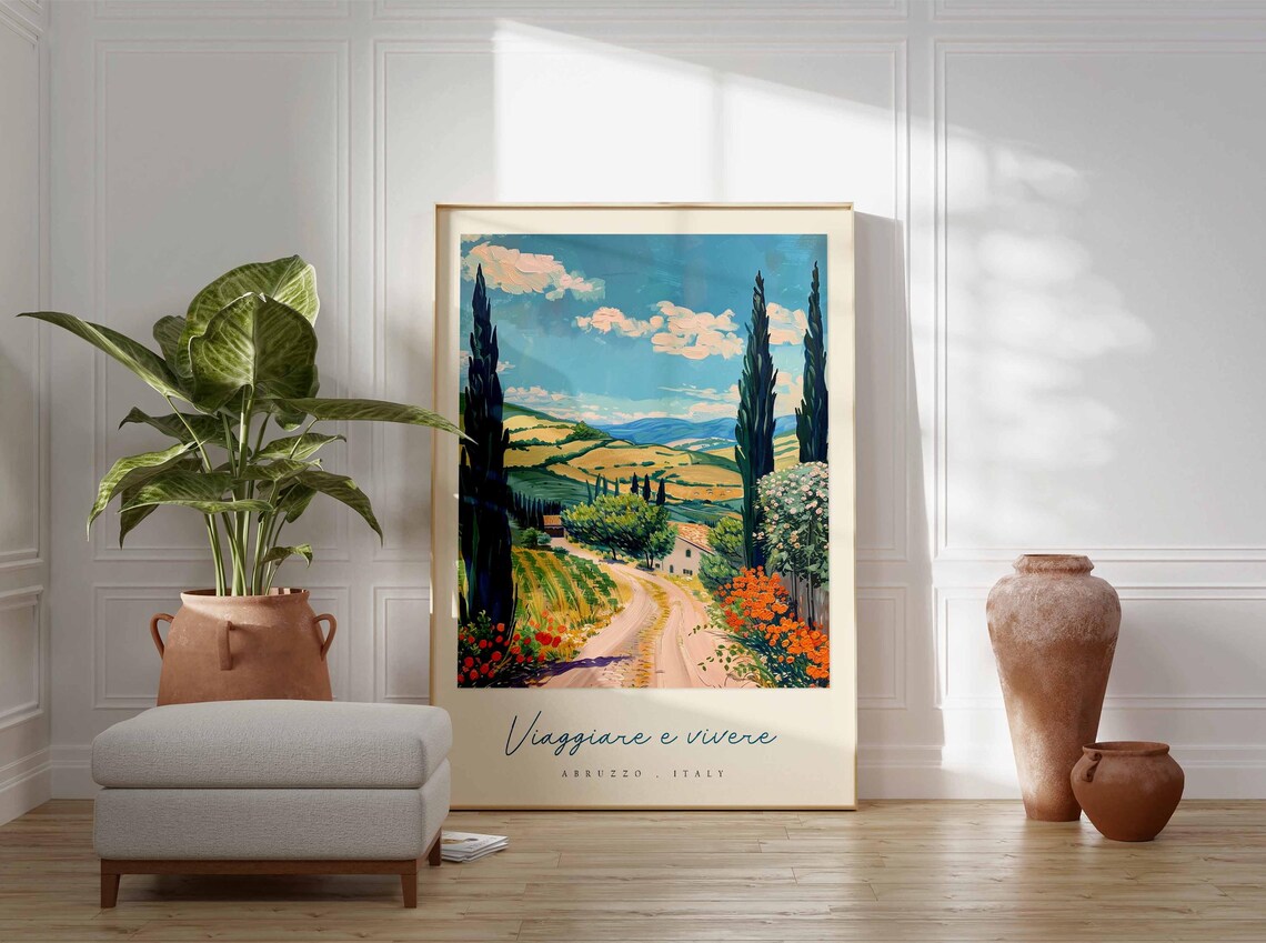 Abruzzo Italian Countryside Road Cypress Farmhouse Travel Poster - Image 3