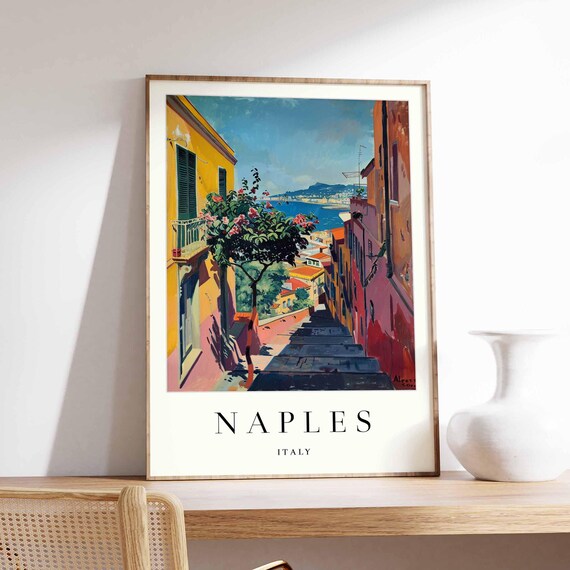 Naples Italy Sunlit Stone Stairs Between Old Buildings Poster