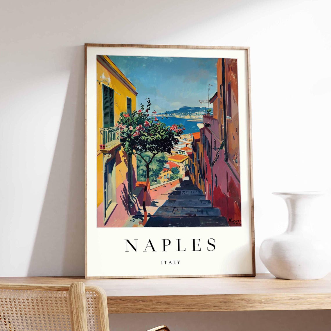 Naples Italy Sunlit Stone Stairs Between Old Buildings Poster