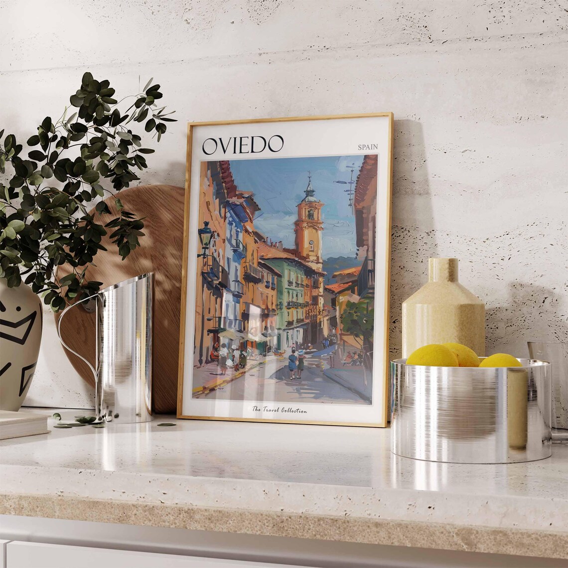 Oviedo Spain Colorful Old Town Street and Church Tower Travel Poster - Image 3