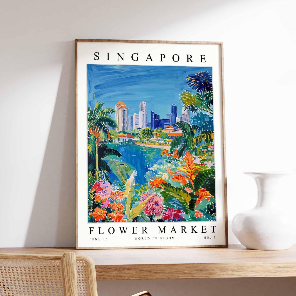 Singapore Flower Market Bay Skyline Fronds Colorful Bloom Poster