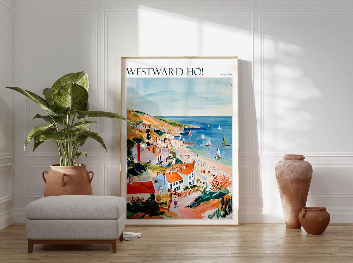 Westward Ho Sailboats White Cottages Orange Roofs Art Poster - Image 2