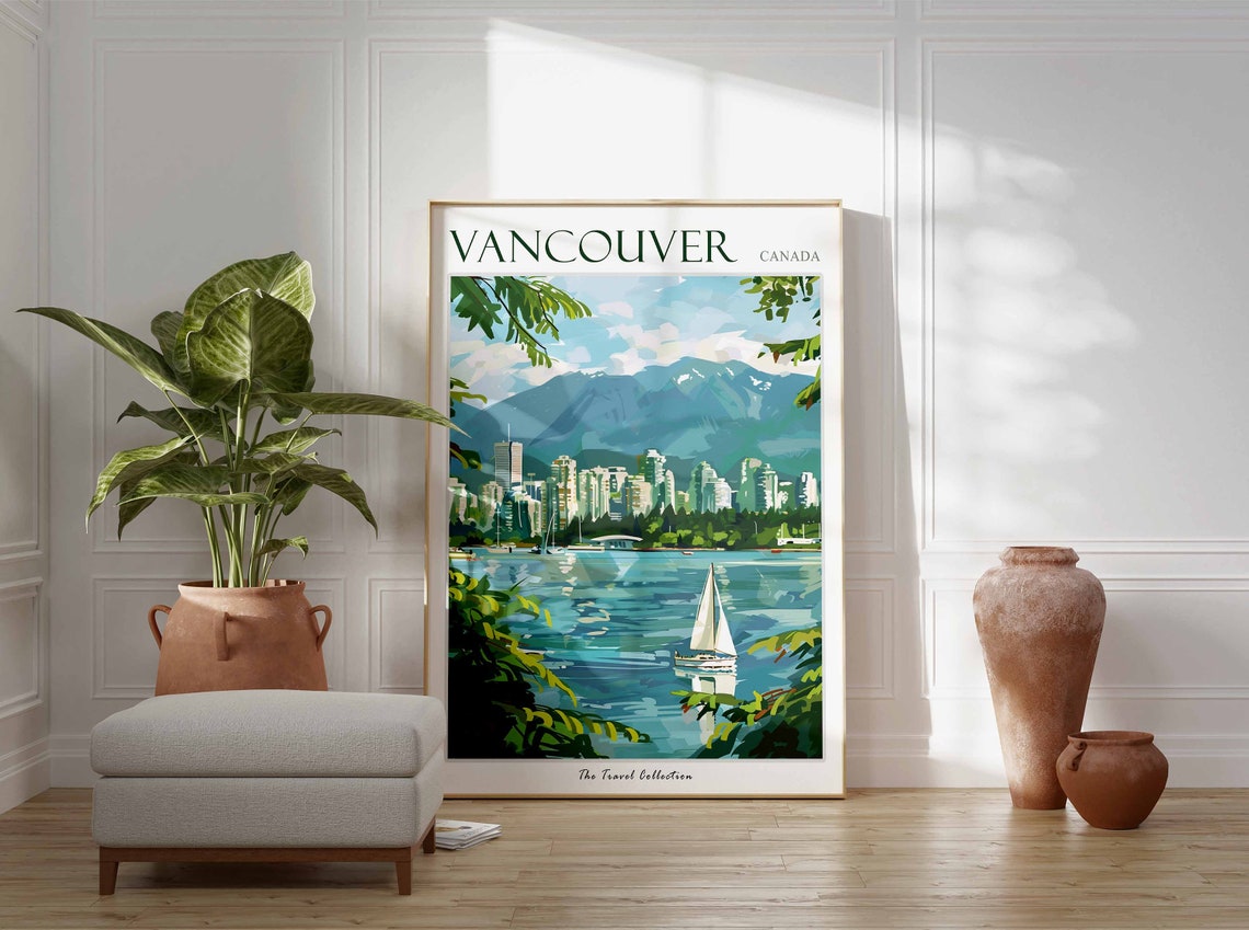 Vancouver Canada Skyline Mountains Travel Poster Sailboat Bay Art - Image 3