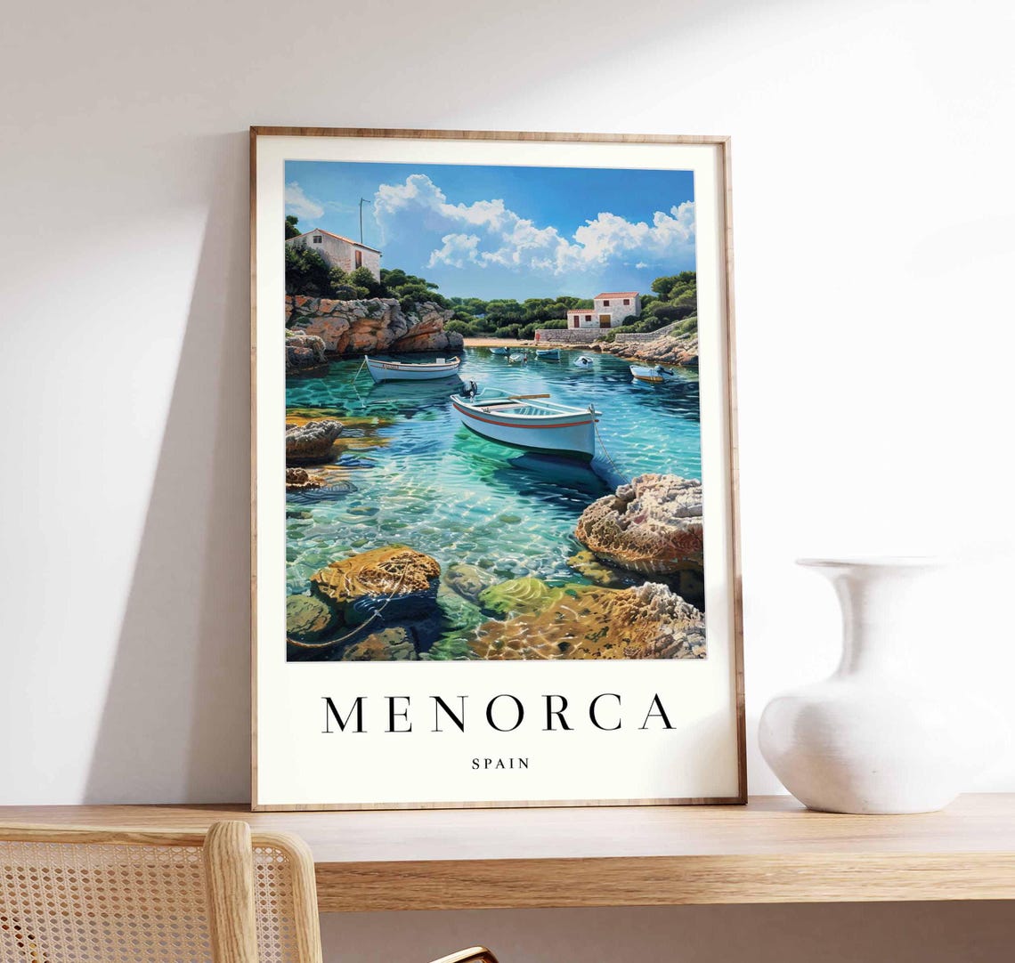 Menorca Spain Turquoise Cove Boats Vintage Style Travel Poster