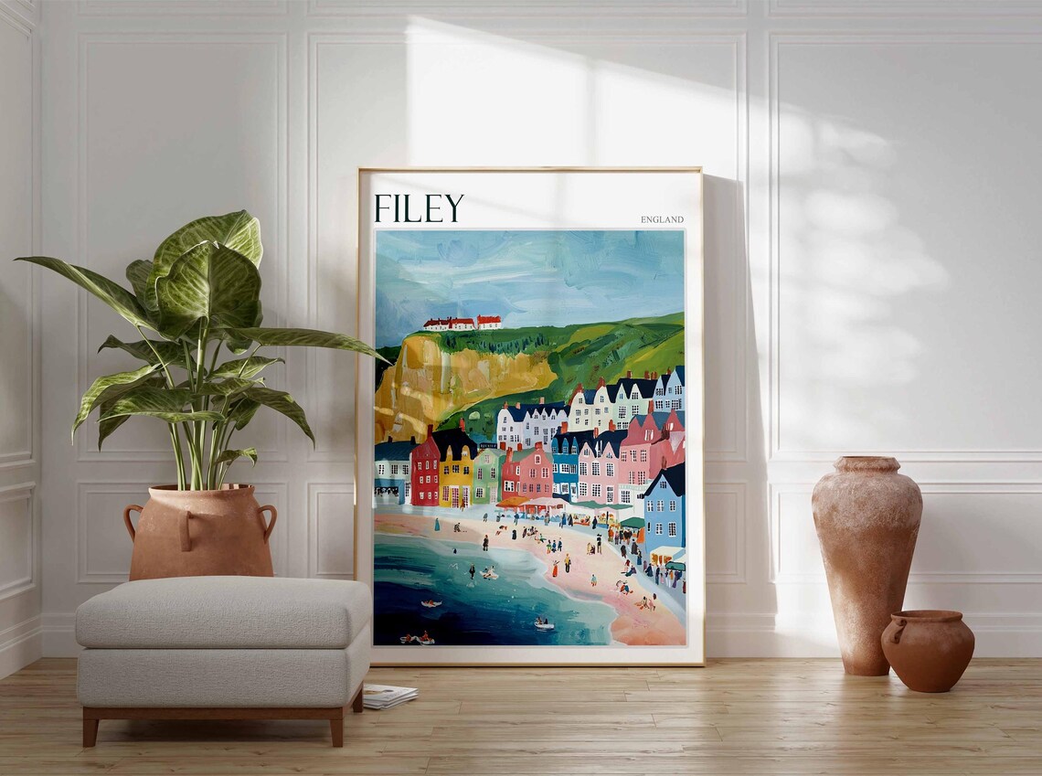 Filey England Colorful Harbor Houses Beach Boats Painting Style Poster - Image 3
