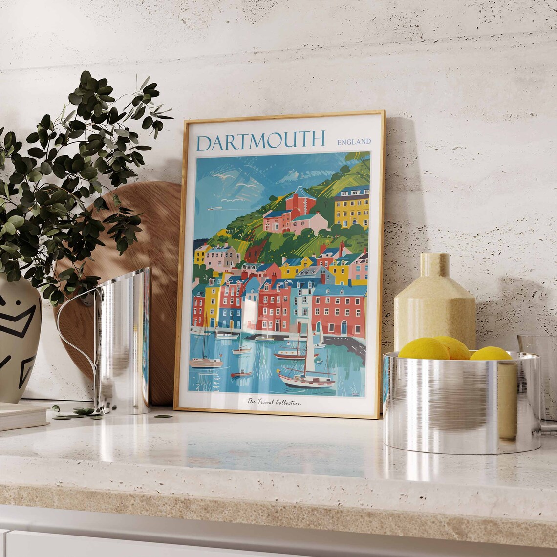 Dartmouth England Bright Waterfront Sailboats Illustrated Travel Poster - Image 3