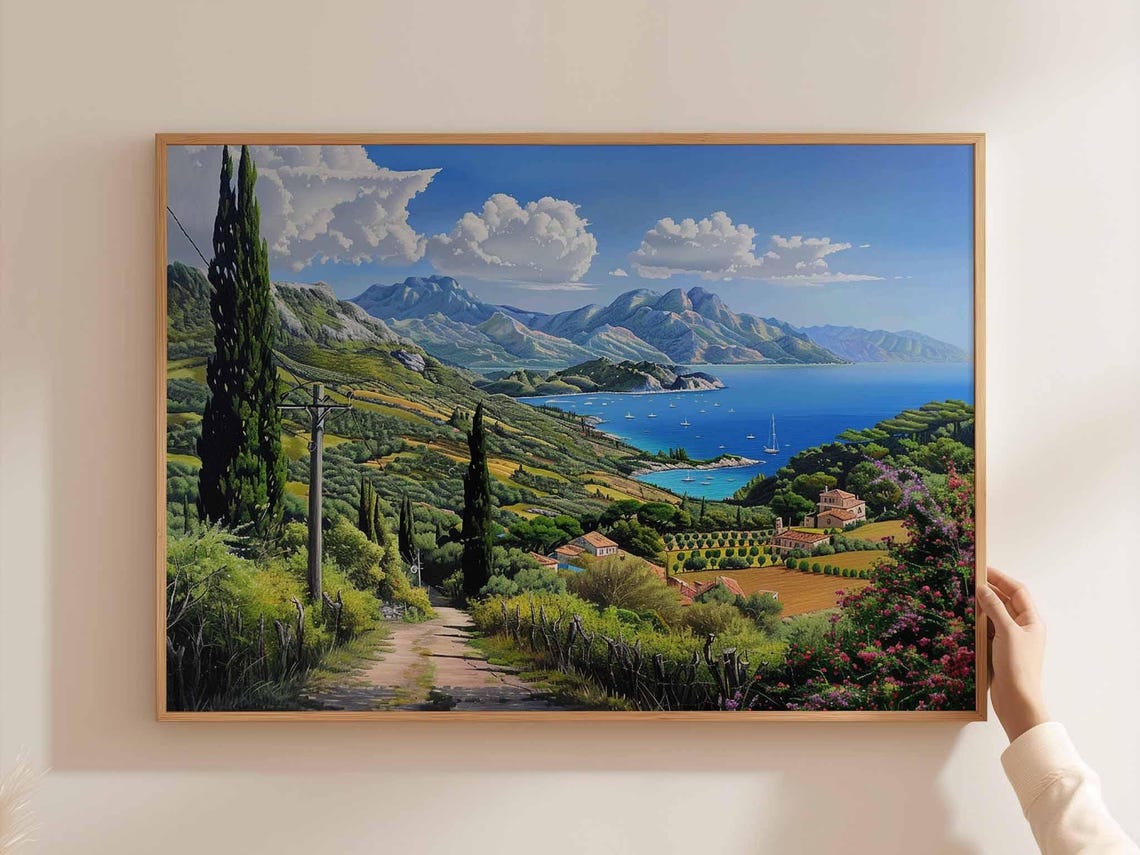 Corfu Greece Hillside Cypress Bay Sailing Boats Scenic Travel Poster